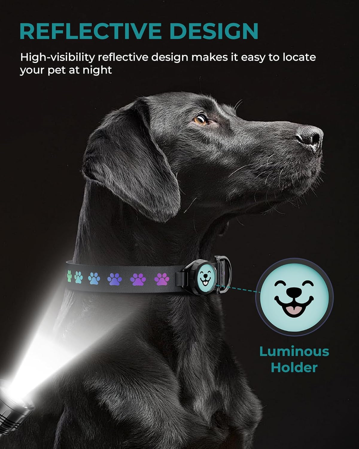 Dog Collar with Airtag Holder, IP67 Waterproof Reflective Airtag Dog Collars for Medium & Large Dogs, Adjustable Pet Collar with Twist-Lock Holder & Green Glow for Night (Black, L, 13.8"-20.1")