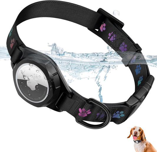 Dog Collar with Airtag Holder, IP67 Waterproof Reflective Airtag Dog Collars for Medium & Large Dogs, Adjustable Pet Collar with Twist-Lock Holder & Green Glow for Night (Black, L, 13.8"-20.1")